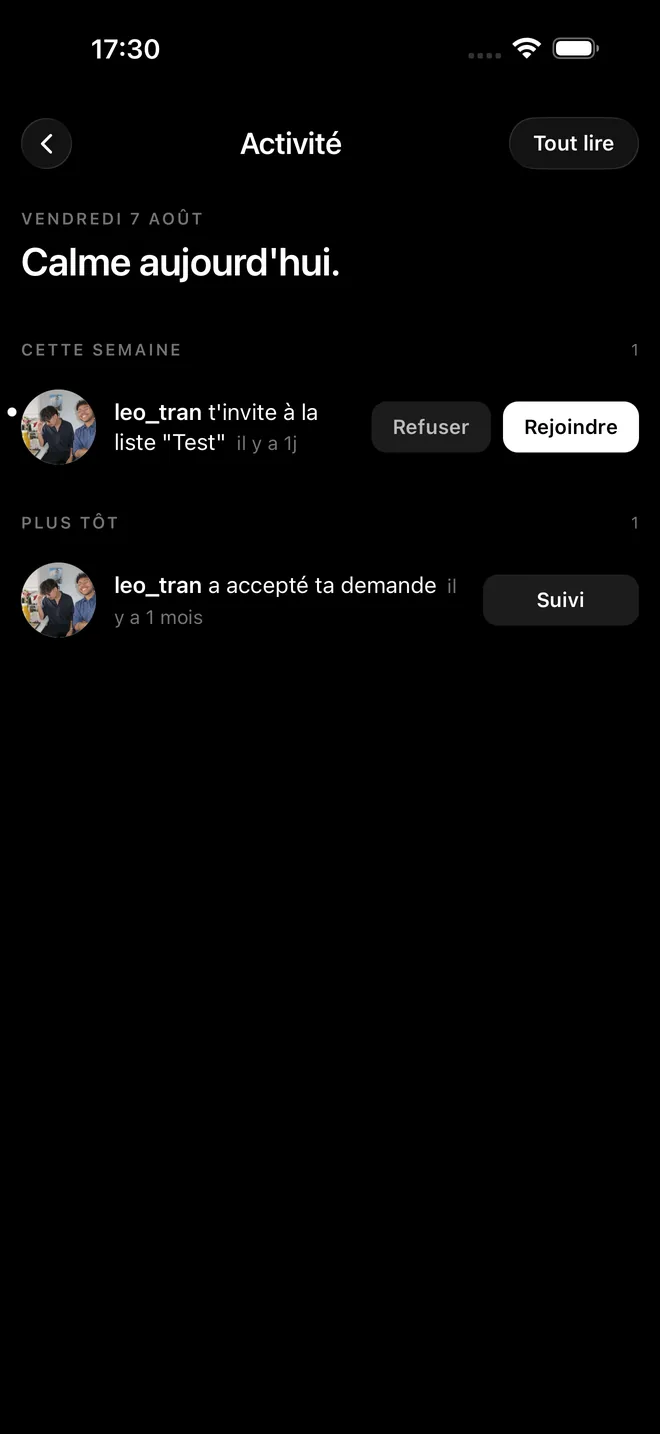 The Proof Activity screen with a list invitation