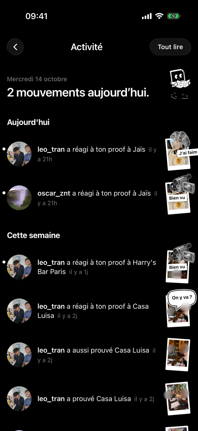 The Proof Activity screen with friends' reactions