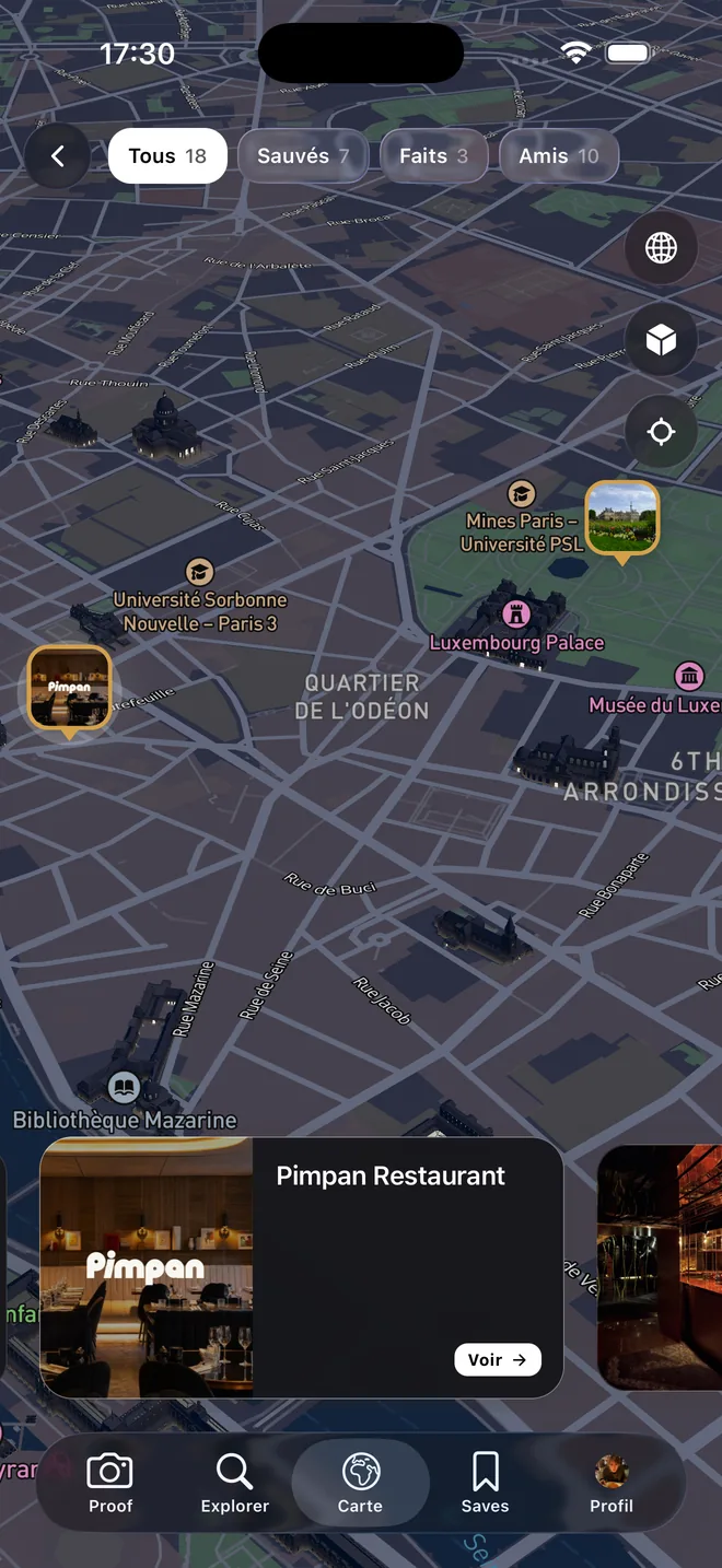 Proof's 3D map in the Odéon neighbourhood with photo pins
