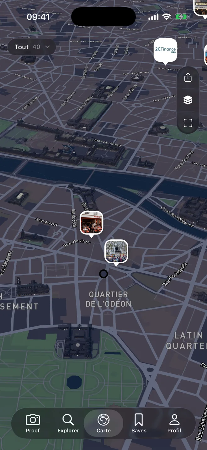 Proof's 3D map in the Odéon neighbourhood with photo pins