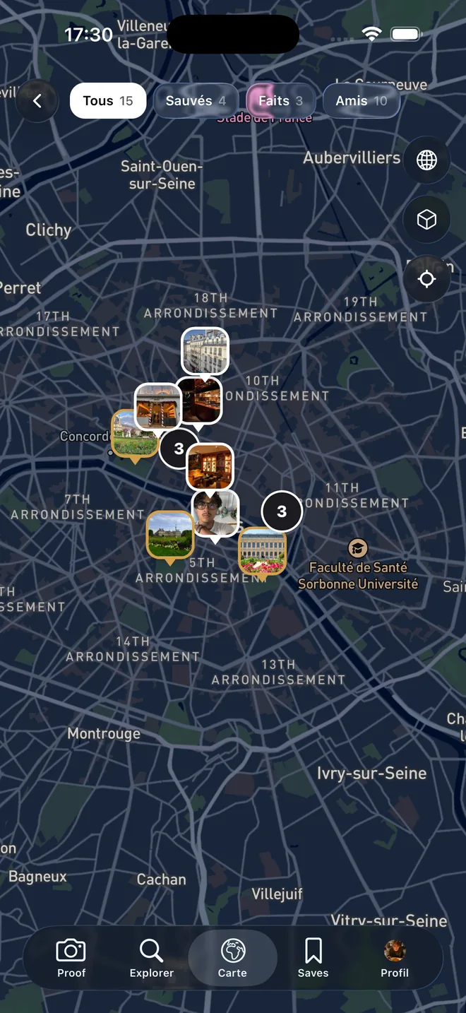 Proof's map of Paris, covered in photo pins