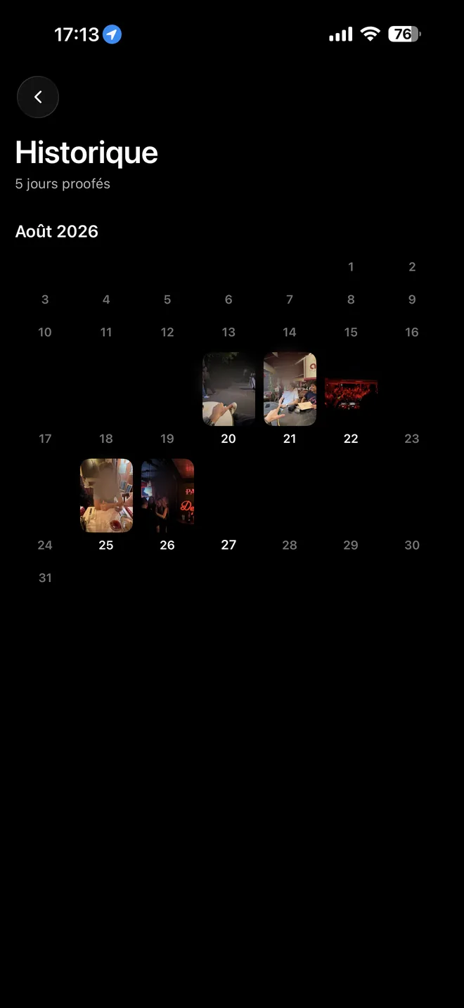 Proof's history, an August calendar with the proven days and their photos