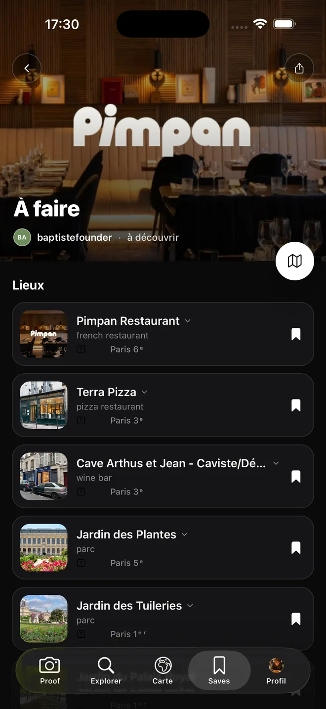 A To do list in Proof with restaurants and gardens in Paris