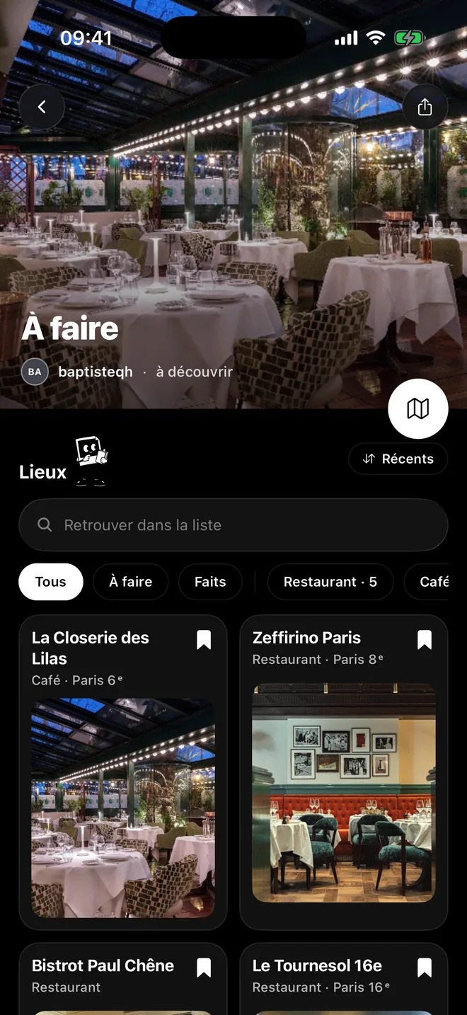 A To do list in Proof with restaurants and cafés in Paris